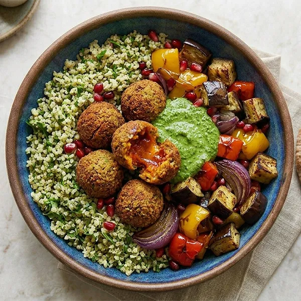 Spicy Tomato Stuffed Falafel Bowl With Roasted Veggie And Wheat Pita
